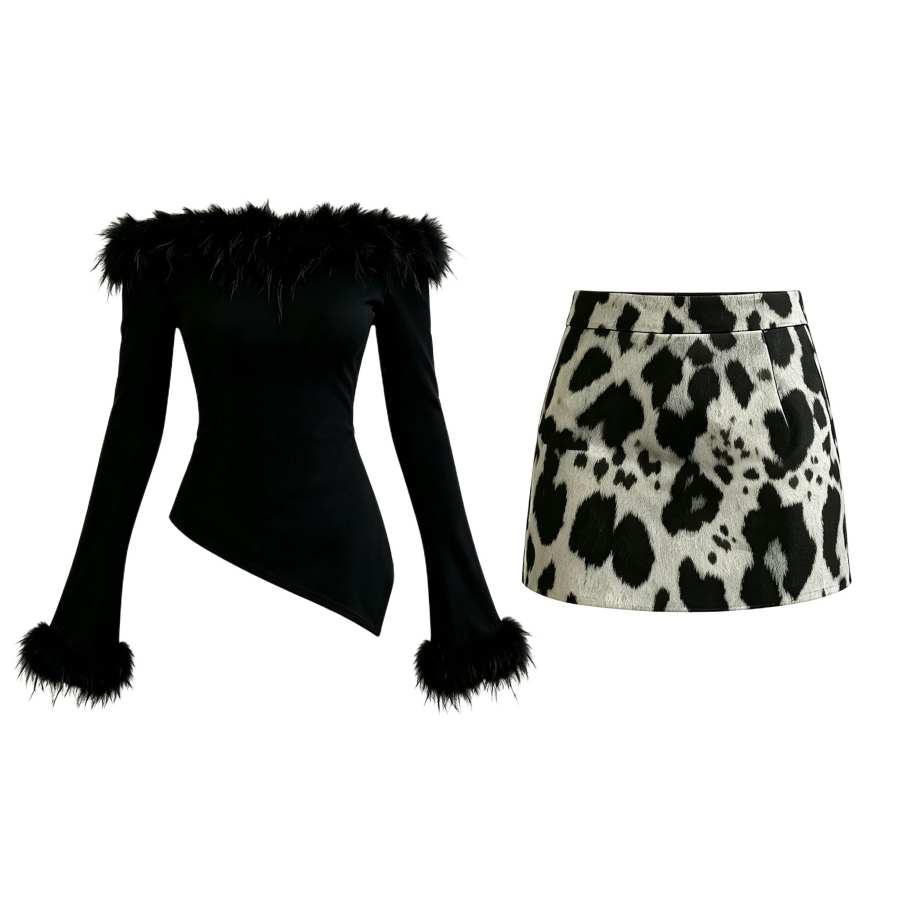 Sugarfunk Two Piece Skirt Sets Women's Boat Neck Moderate Short Skirt