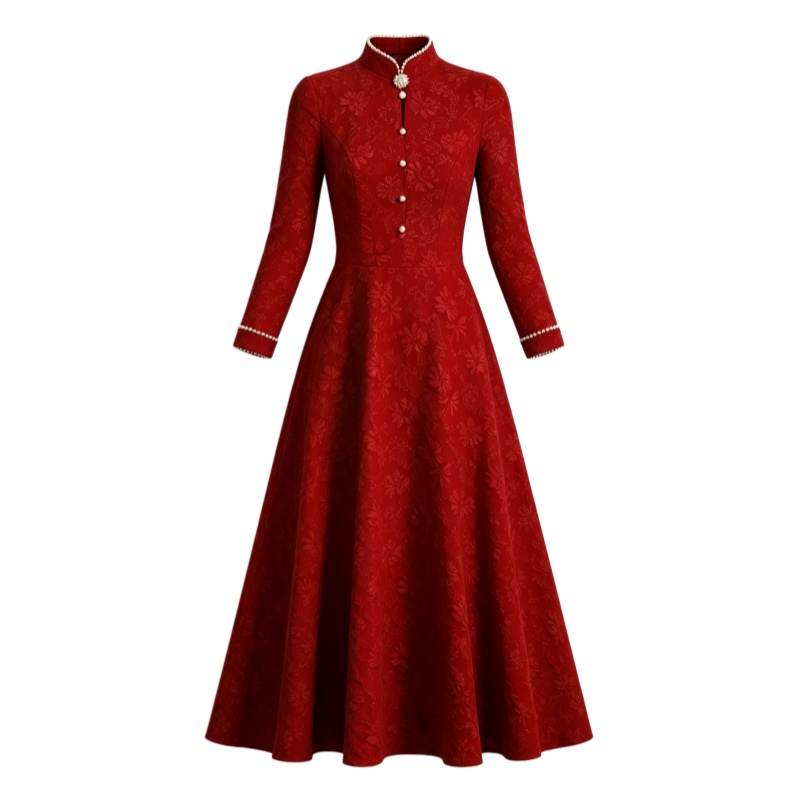 CPAURA Long Sleeved Dresses Women's Burgundy Cheongsam Collar Moderate Other