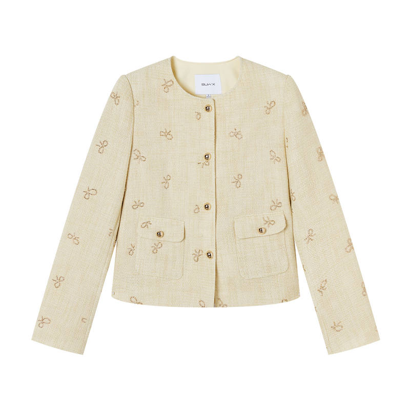 XIANGYING Cropped Coats Women's Yellow Crew Neck Moderate