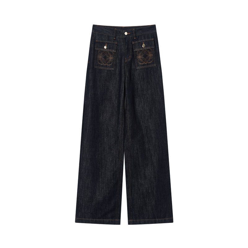 XIANGYING Jeans Women's Dark Blue Moderate Straight Fit Pants