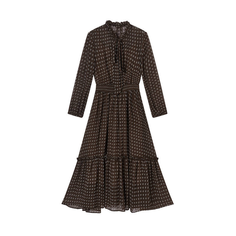 XIANGYING Long Sleeved Dresses Women's Ruffle Collar Thin Long Skirt