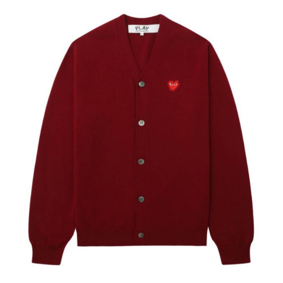 CDG Play Knitwear Unisex Burgundy V Neck Moderate Straight Fit