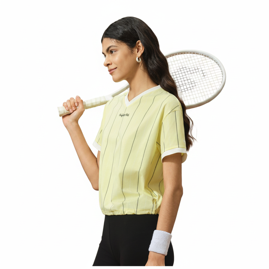 Le Coq Sportif T Shirts Women's Light Candle Yellow V Neck Moderate Straight Fit