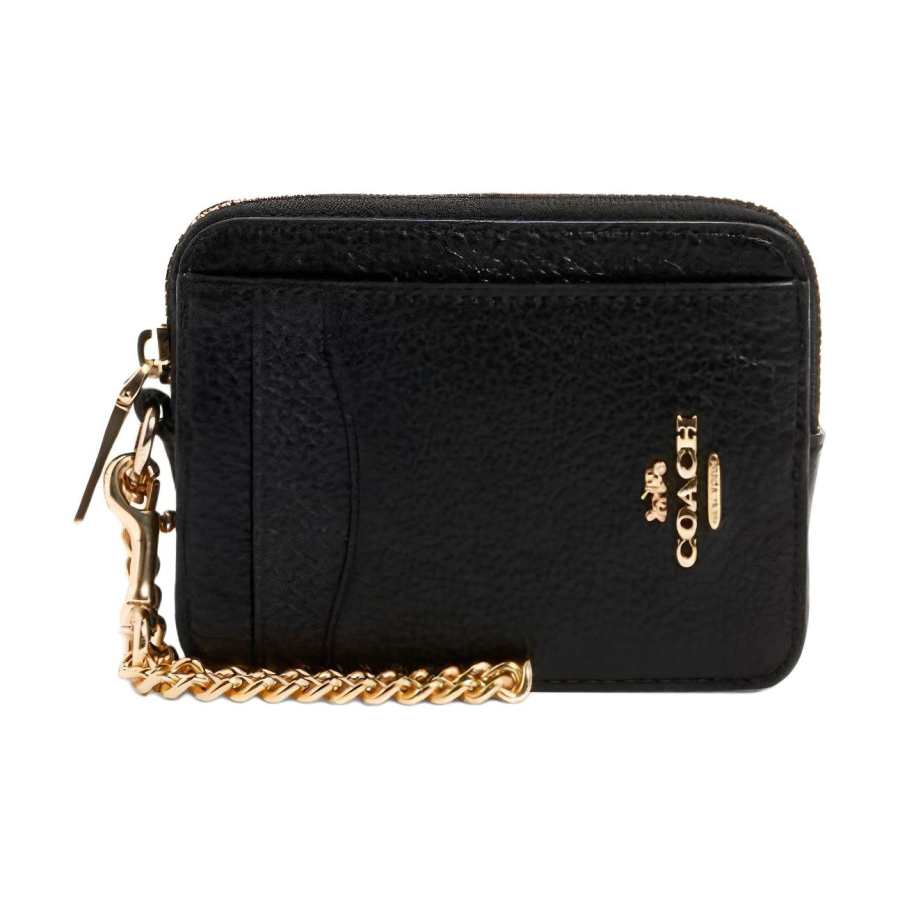 COACH Card Case Solid Color Leather Coin Purse, Card Holder Women's Black