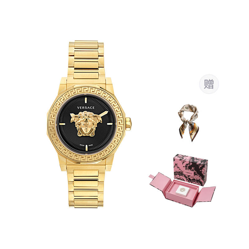 VERSACE VERSACE Wrist Watches Quartz Movement Stainless Steel Watchband 38 Black Dial Women's Watch Limited Gift+Scarf