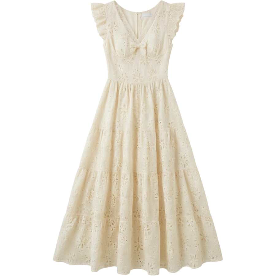 CHARM GLOW Sleeveless Dresses Women's Beige Apricot V Neck Moderate Long Skirt A Line Skirt