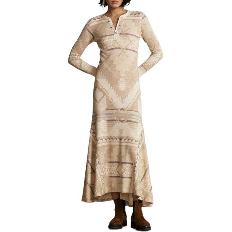 Polo Ralph Lauren Long Sleeved Dresses Women's Beige Henry Collar Moderate Long Skirt