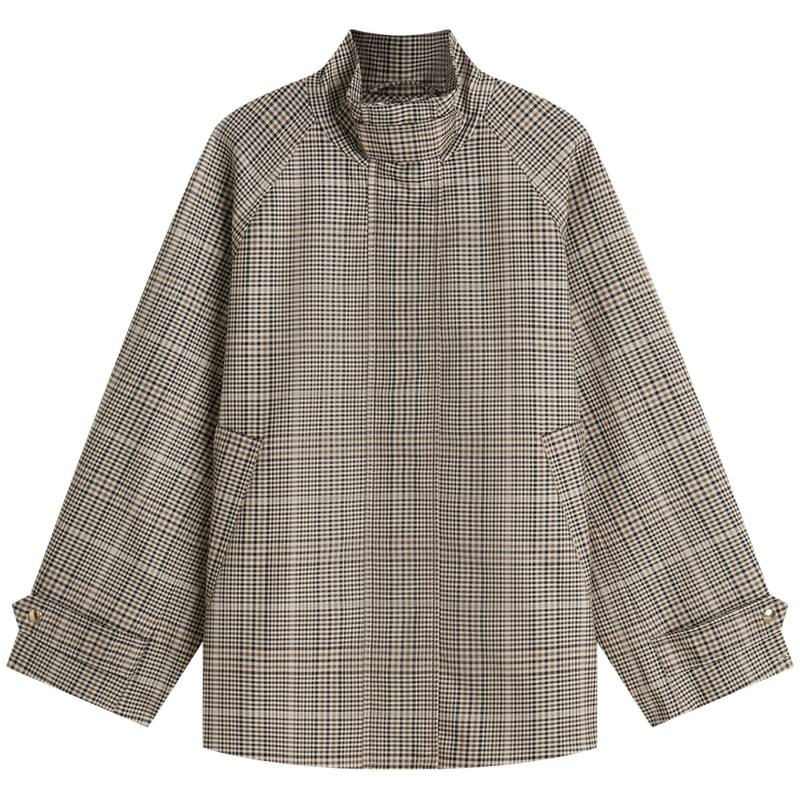Tommy Hilfiger Trench Coats Women's Brown Plaid Pattern 0M7 Stand Collar Moderate