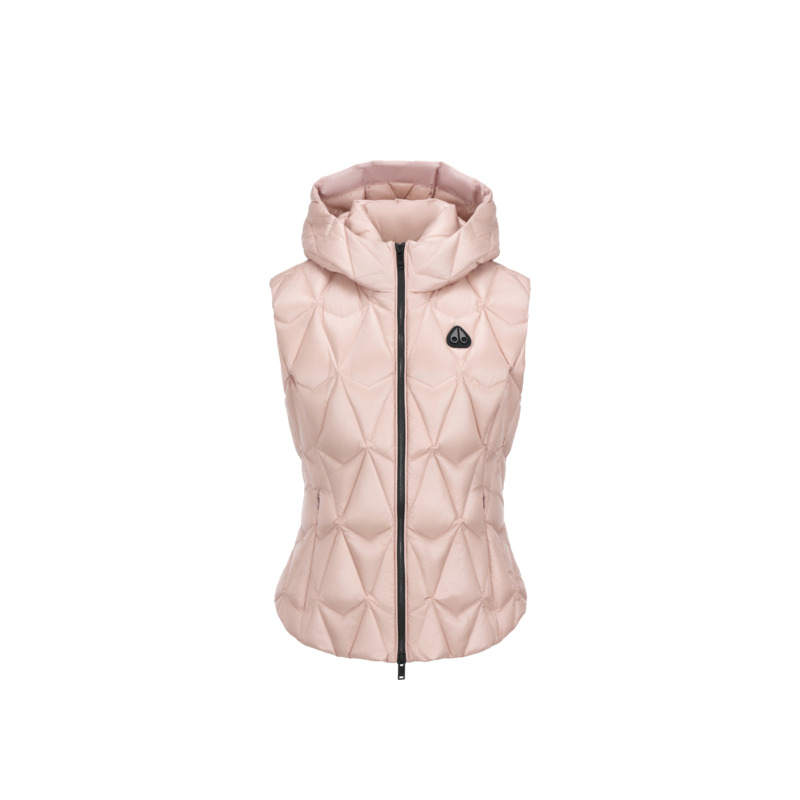 Moose Knuckles Down Vests Women's Rosewood Color Hooded Non Detachable Moderate Nipped In Waist