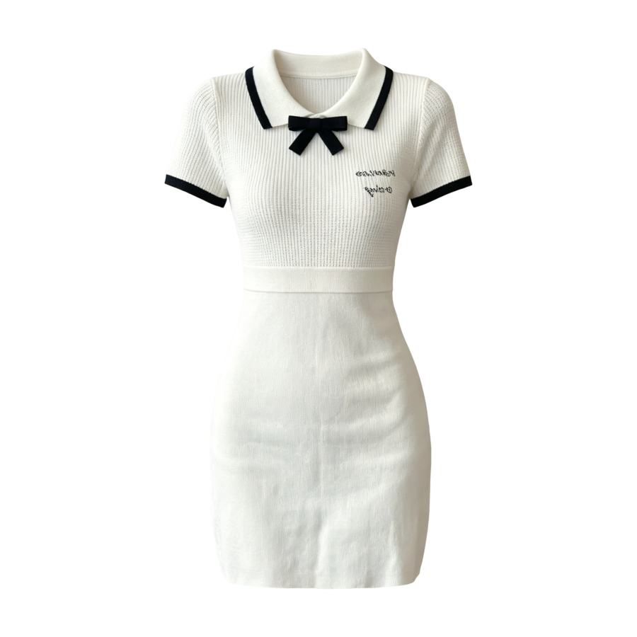 FINDSME GAGA Short Sleeved Dresses Women's Preppy Apricot & Navy Blue Embroidery Polo Collar Moderate Short Skirt A Line Skirt