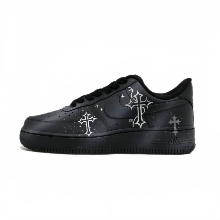 Nike Nike Air Force 1 Skateboard Shoes Unisex Low Top Black Silver White Ink Splatter Cross Colorway