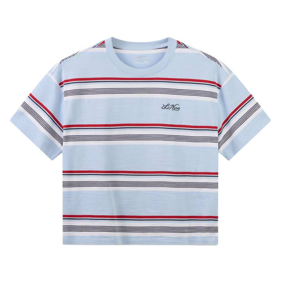 Li-Ning Li Ning T Shirts Women's Clear Sky Blue Stripes Crew Neck Moderate Straight Fit