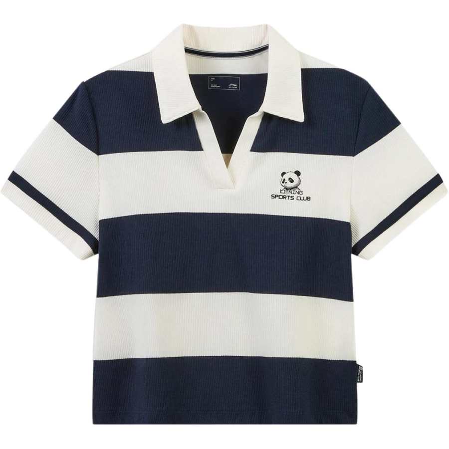 Li-Ning Li Ning Sports Life Collection Polo Shirts Women's Lighthouse Blue/Ivory Stripes Lapel Moderate