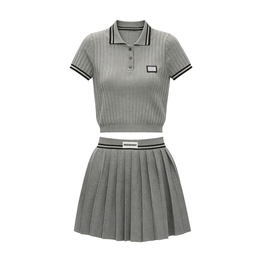 FINDSME GAGA Two Piece Skirt Sets Women's Polo Collar Moderate Short Skirt