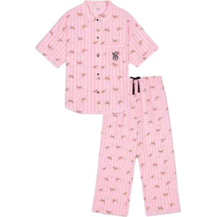 Victoria's Secret Pajama Set Women's Pink Stripes Leopard Print