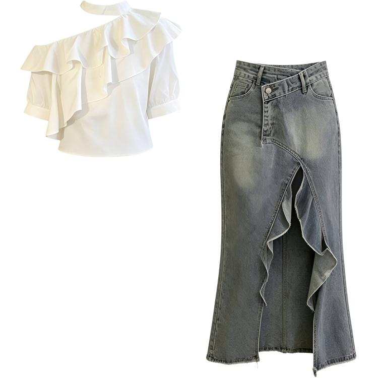 Cotton Gene Two Piece Skirt Sets Women's Asymmetrical Collar Thin Mid Length