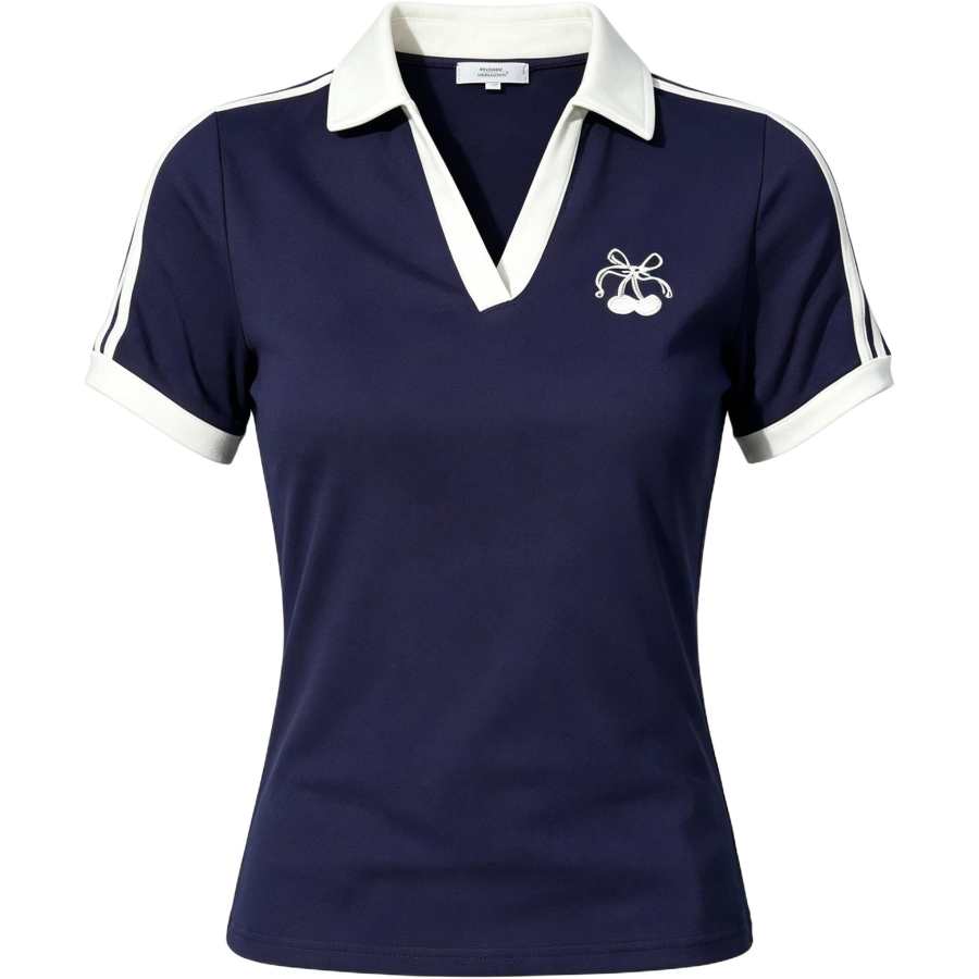 Cotton Gene T Shirts Women's Navy Blue Polo Collar Thin Nipped In Waist