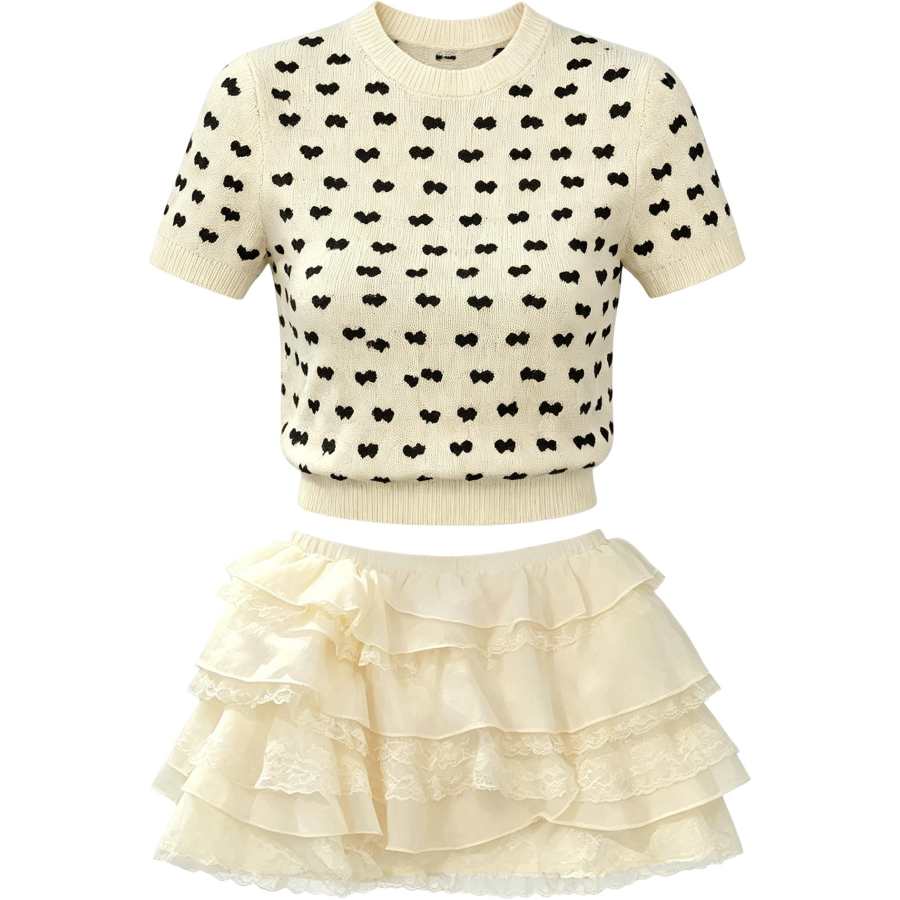 Cotton Gene Two Piece Skirt Sets Women's Crew Neck Thin Short
