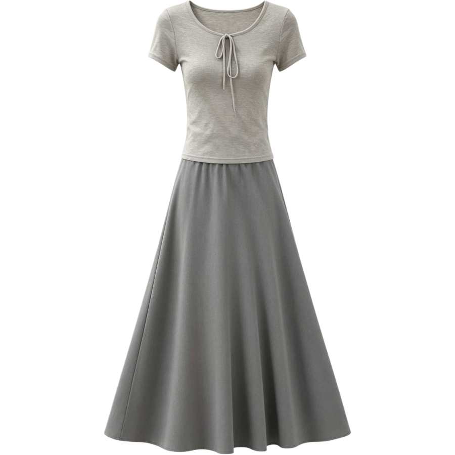 Cotton Gene Two Piece Skirt Sets Women's Crew Neck Moderate Long Skirt