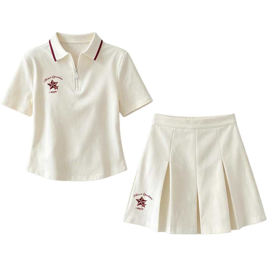 Cotton Gene Two Piece Skirt Sets Women's Polo Collar Moderate Short Skirt