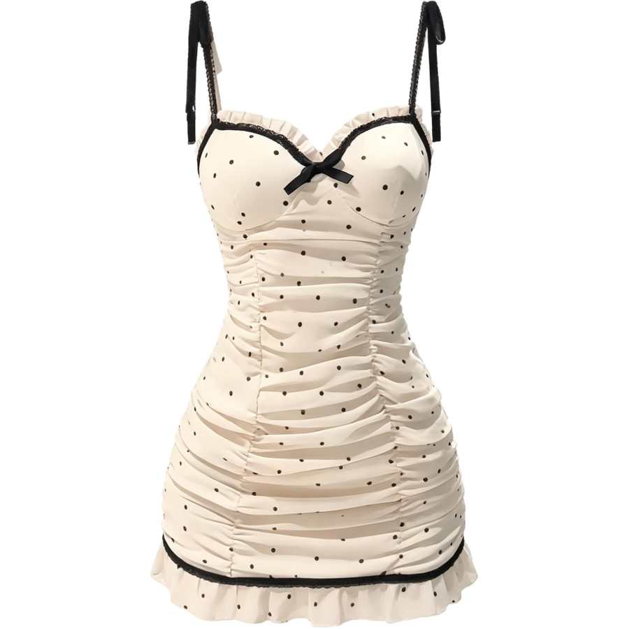 Cotton Gene Slip Dresses Women's Light Apricot With Polka Dot Moderate Short Skirt