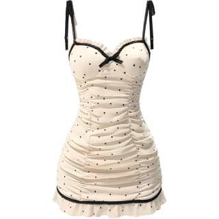 Cotton Gene Slip Dresses Women's Light Apricot With Polka Dot Moderate Short Skirt