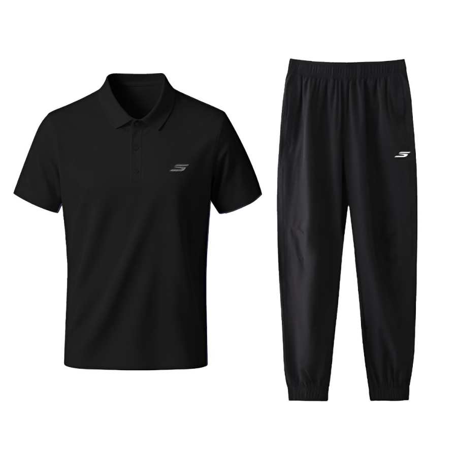 Skechers Casual Sportswear Men's Carbon Black Top+Carbon Black Bottom Polo Collar Thin