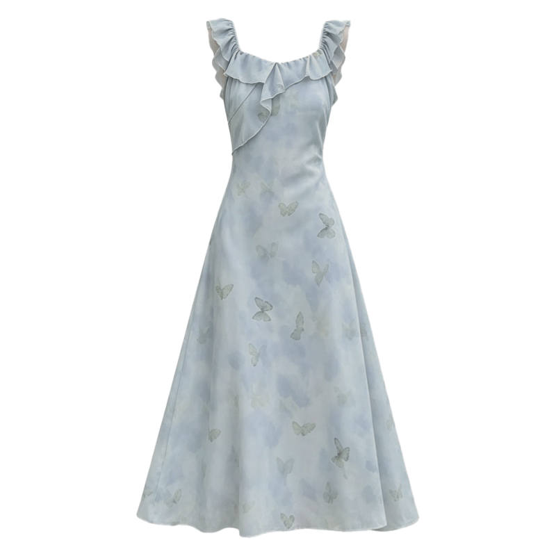 CPAURA Sleeveless Dresses Women's Ruffle Collar Moderate Long Skirt A Line Skirt