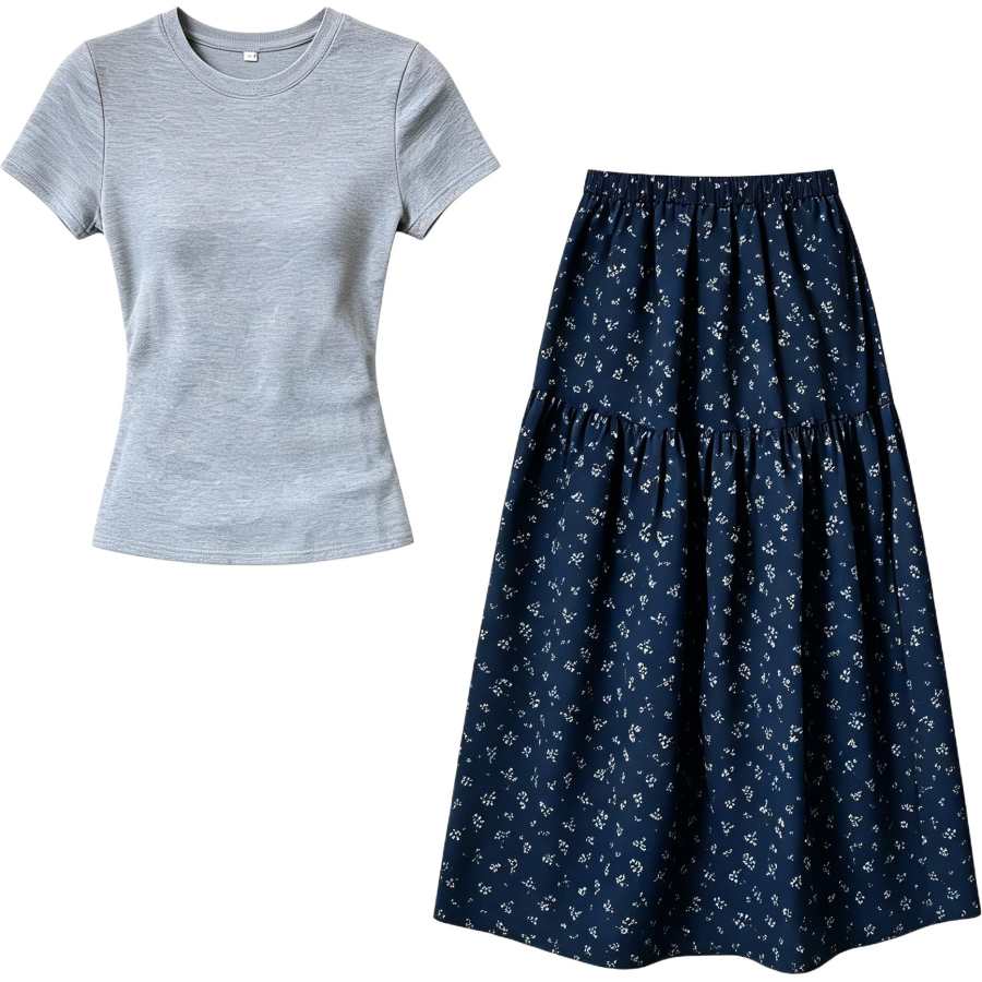 Cotton Gene Two Piece Skirt Sets Women's Crew Neck Moderate Long