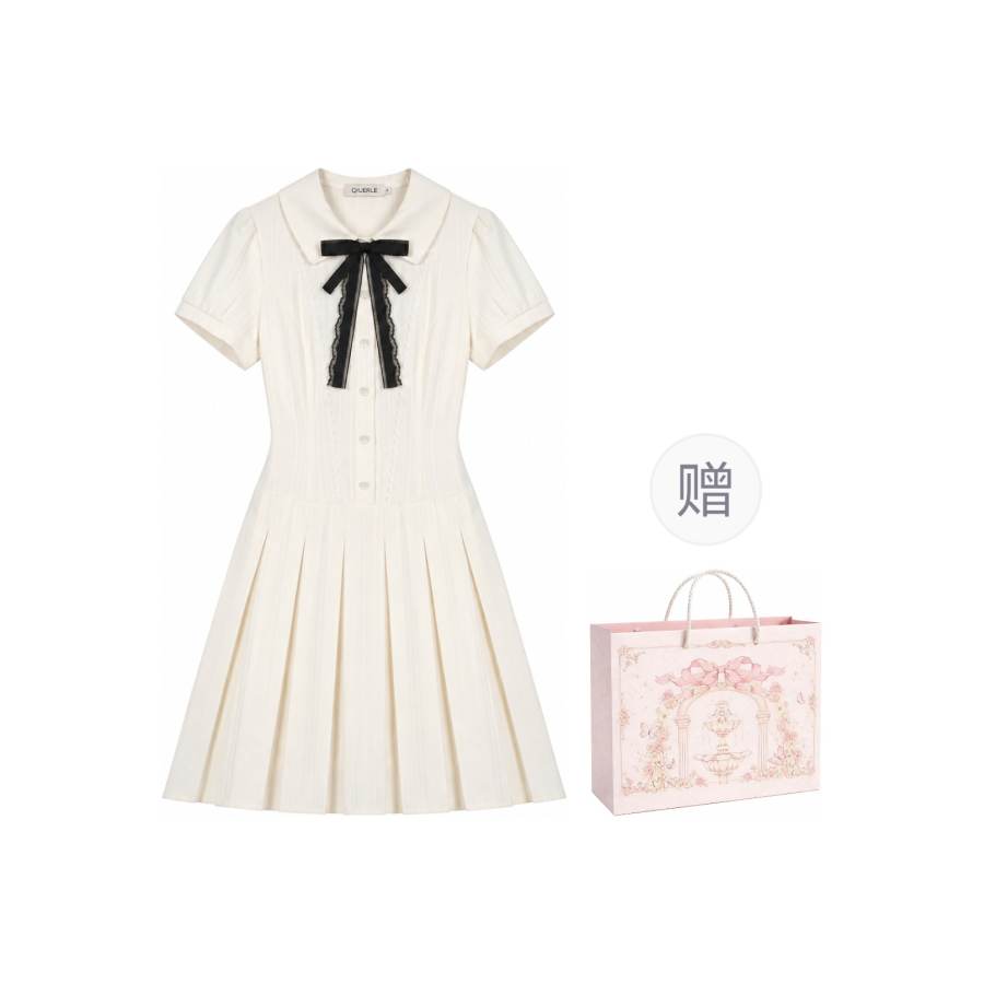 Qiuerle Short Sleeved Dresses Women's Lapel Moderate Short Skirt