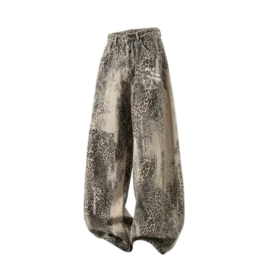 PAL ONGACO Jeans Unisex Leopard Print Moderate Wide Leg Pants