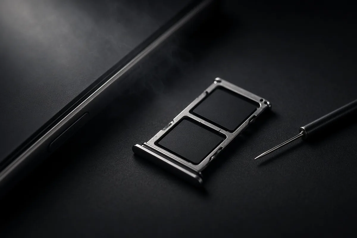 Открытый лоток с двумя слотами под SIM-карты рядом с торцом смартфона на тёмной поверхности — айфон с двумя сим-картами
