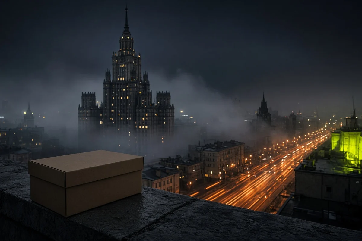 Посылка на фоне ночной Москвы — доставка заказа с Poizon в Москву